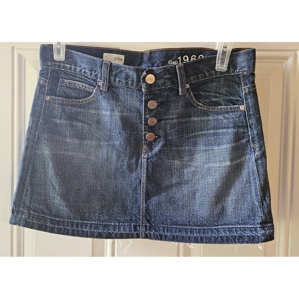 Gap 1969 Button Front Denim Mini Skirt Womens 27/4 Dark Wash Raw Hem Cotton